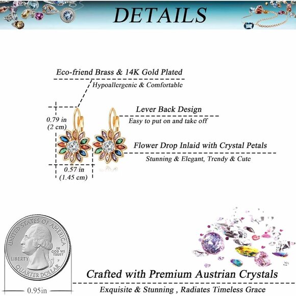 14K Gold Plated Crystal Flower Drop Leverback Earrings for Women Fashion - Picture 4 of 7